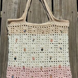Handmade Beige and Pink Crochet Tote Bag